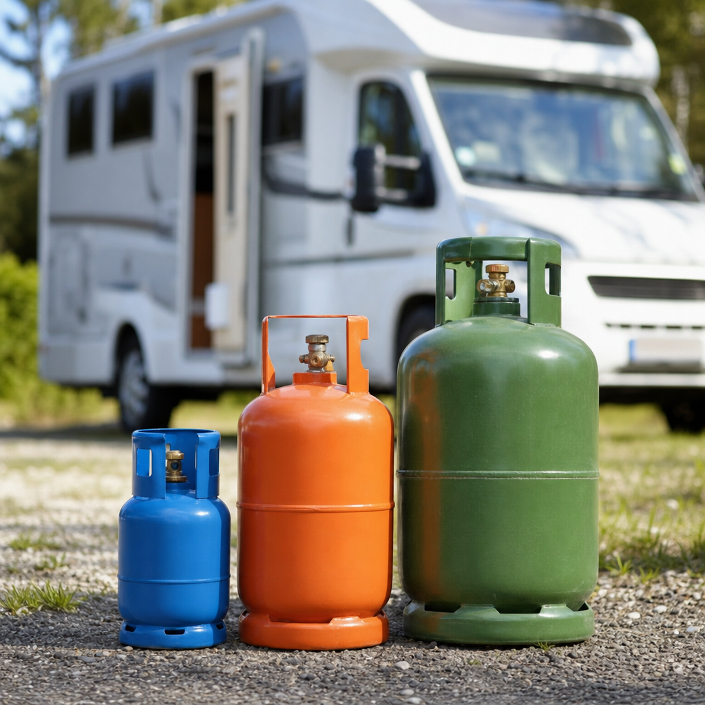 Plusieurs bouteilles de gaz de tailles et couleurs différentes (petite bouteille bleue, bouteille orange, bouteille verte) posées côte à côte sur le sol d'un camping, en plein air, sans personne, avec un camping-car flou visible en arrière-plan.
