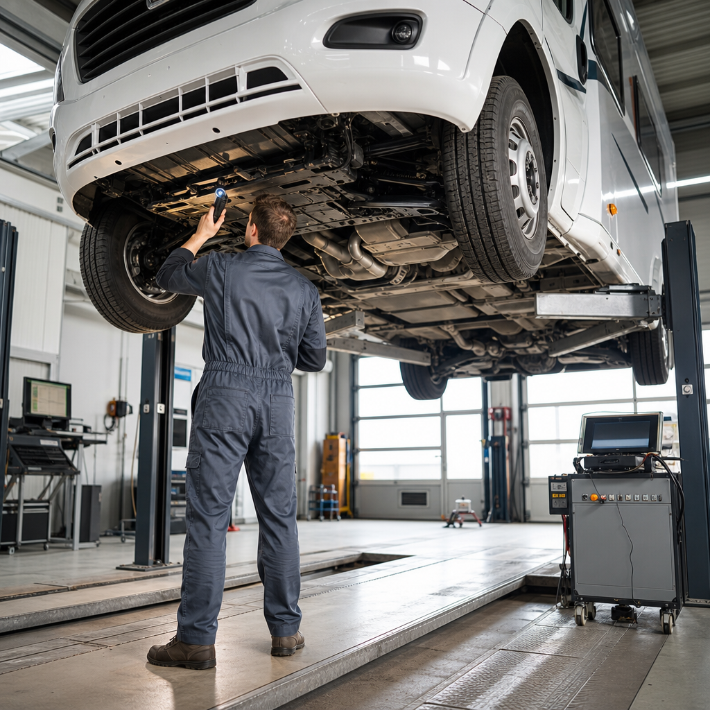 Un technicien en combinaison de travail inspectant le dessous d'un camping-car surélevé sur un pont élévateur dans un atelier de contrôle technique, avec des équipements de diagnostic visibles autour de lui