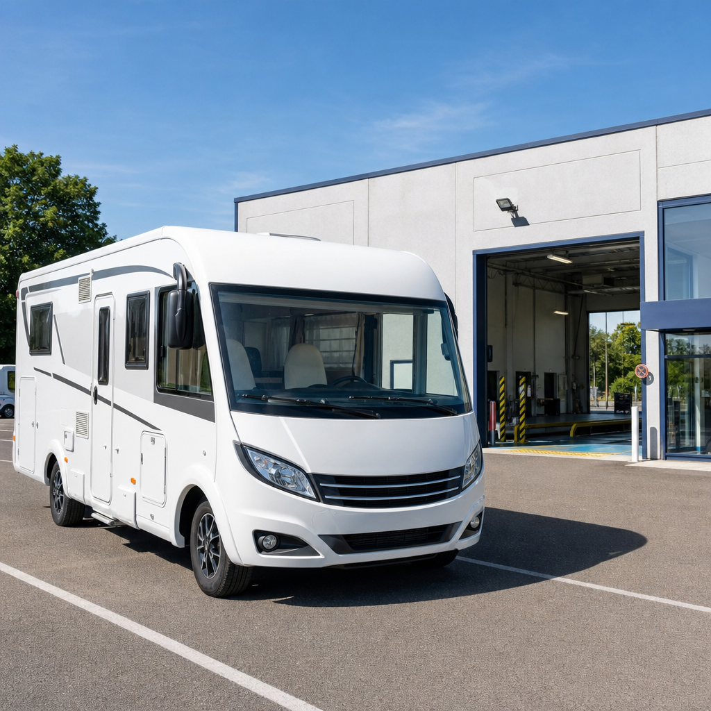 Un camping-car blanc stationné devant l'entrée d'un centre de contrôle technique agréé, vu de trois quarts avant, par une journée ensoleillée