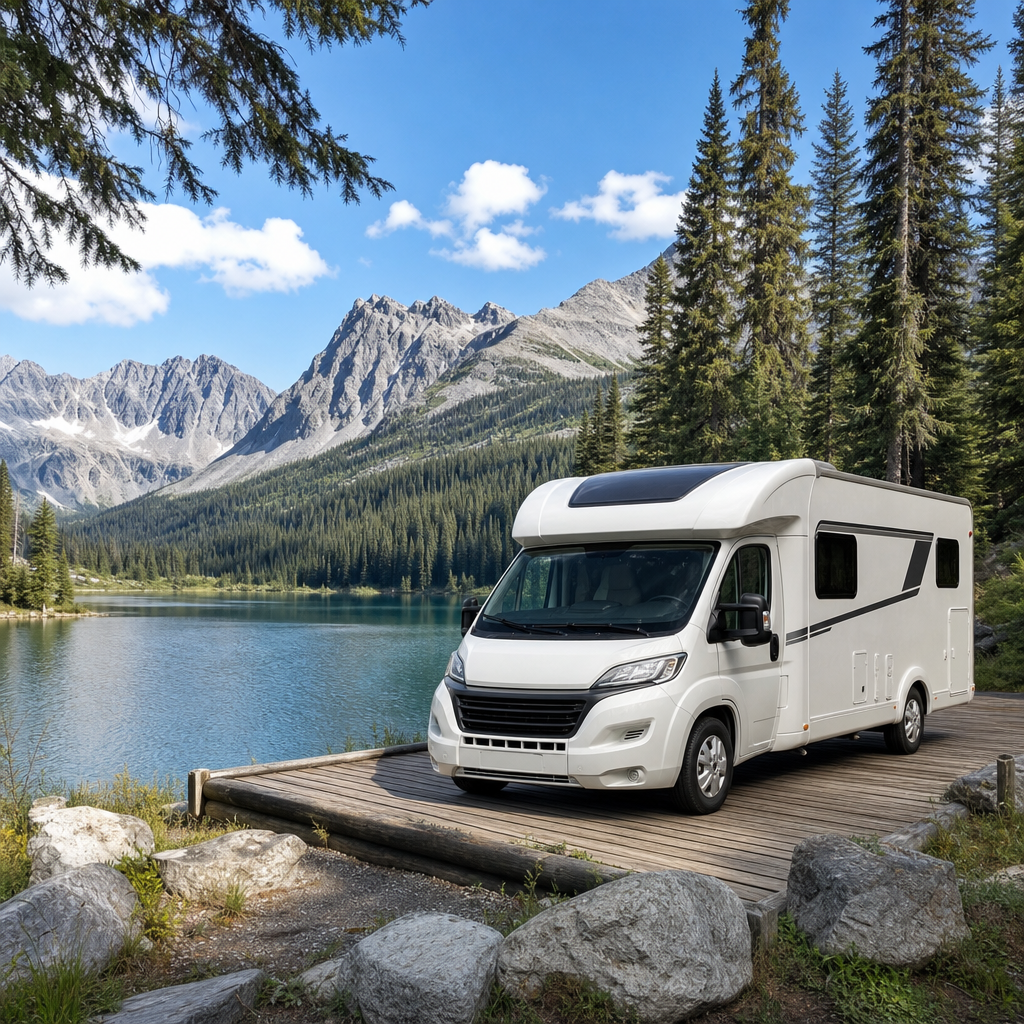 Un camping-car profilé installé sur une aire de stationnement en bois au bord d'un lac de montagne, entouré de forêts de sapins, sans aucun personnage