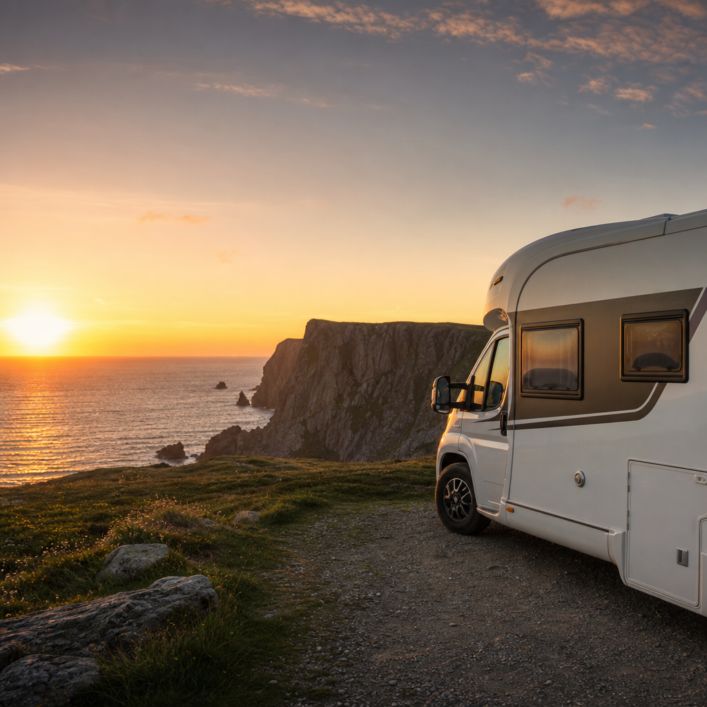 Un camping-car blanc stationné face à un panorama de falaises au bord de la mer en Bretagne, au coucher du soleil, sans personnage visible