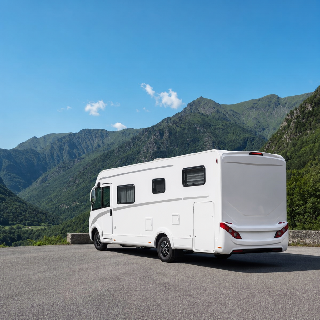 Un camping-car intégral blanc garé sur une aire de repos, vue de trois quarts arrière, avec des montagnes verdoyantes en arrière-plan sous un ciel bleu