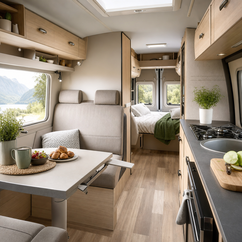 Intérieur lumineux d'un camping-car aménagé avec une banquette convertible, une table repliable, un coin cuisine intégré et des rangements muraux en bois clair