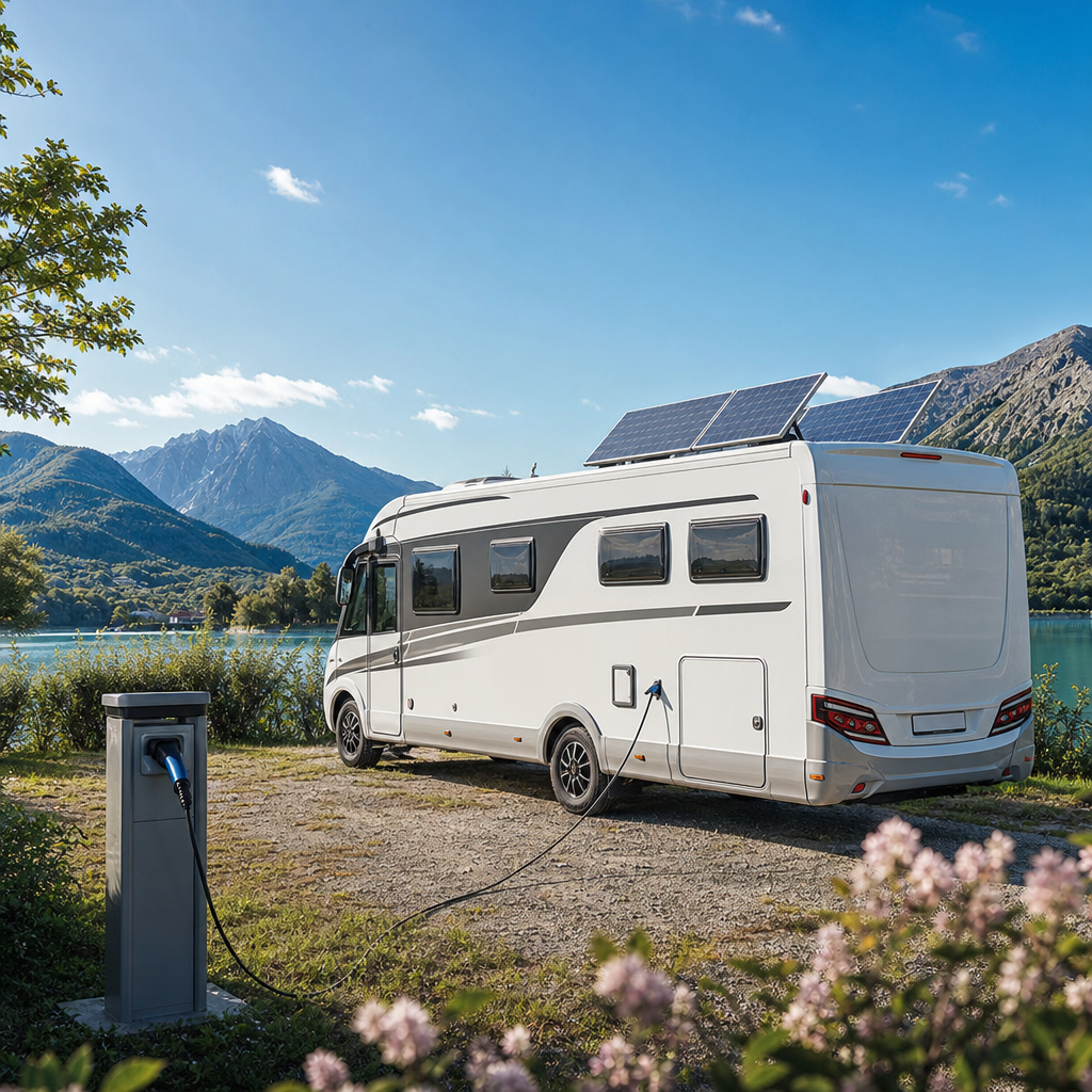 Vue extérieure d'un camping-car garé dans un paysage de nature avec deux panneaux solaires installés sur le toit, un câble électrique branché sur une borne de camping au premier plan
