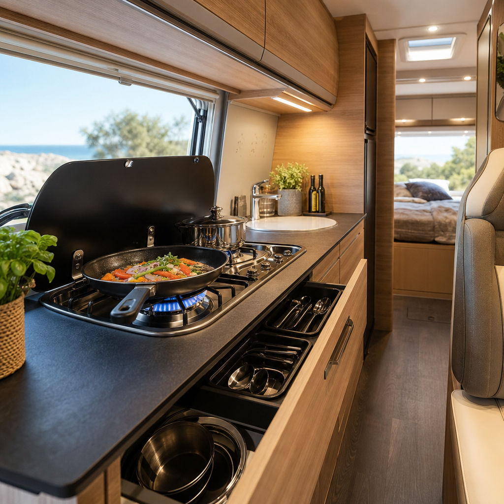Intérieur d'un camping-car moderne avec cuisine équipée, plaque de cuisson au gaz allumée, ustensiles rangés, lumière naturelle entrant par une fenêtre latérale