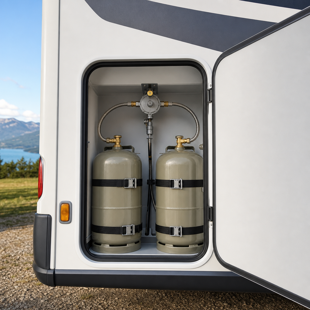 Coffre à gaz extérieur d'un camping-car ouvert, montrant deux bouteilles de propane fixées avec des sangles, détendeur fixe et flexible métallique bien visible, fond de coffre propre