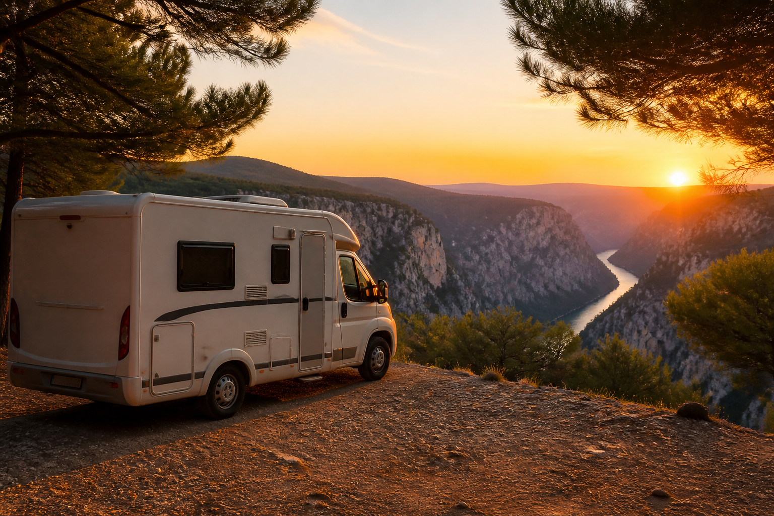 Un camping-car blanc garé face à une vue panoramique sur les gorges du Verdon au coucher du soleil, entouré de pinèdes, sans aucun texte visible