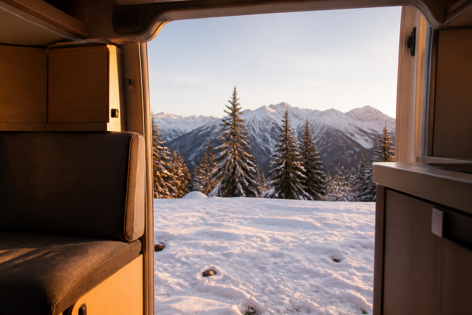 Vue intérieure depuis la porte ouverte d'un camping-car en stationnement dans une clairière de montagne enneigée, avec des sapins et des sommets alpins en arrière-plan, sans aucun texte visible